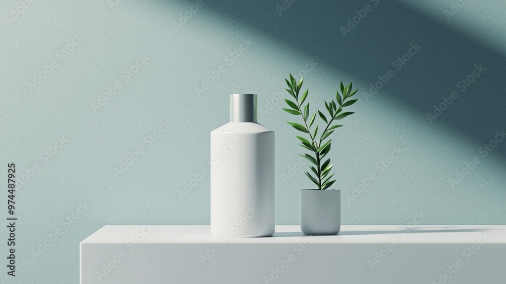 A sleek minimalist product display featuring white bottle and small plant against soft blue wall. composition evokes sense of calm and modernity