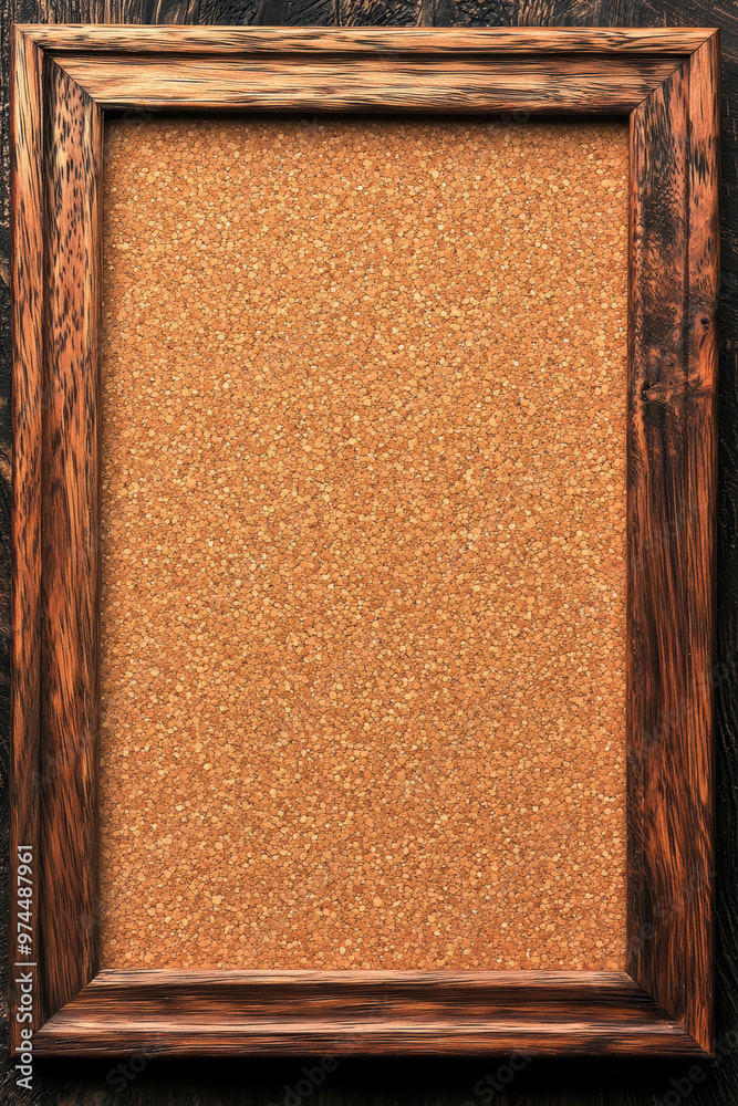 Fototapeta premium Empty rustic wooden frame with corkboard on dark wooden background. Perfect for displaying s, notes, or creative projects.