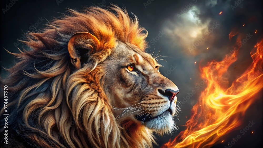 A majestic lion's regal profile showcases a bold, intricate fire tattoo design on its forehead, conveying strength, ferocity, and unbridled power amidst a dark, moody background. A majestic lion's regal profile showcases a bold, intricate fire tattoo design on its forehead, conveying strength, ferocity, and unbridled power amidst a dark, moody background.