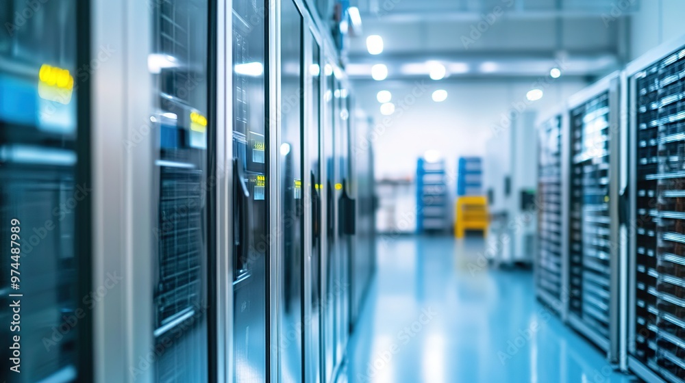 Modern commercial kitchen showcasing stainless steel refrigerators and organized shelving in a spacious layout with bright fluorescent lighting Modern commercial kitchen showcasing stainless steel refrigerators and organized shelving in a spacious layout with bright fluorescent lighting