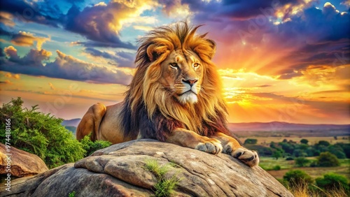 A majestic lion with a vibrant, colorful dreadlock-like mane, lounging regally on a rocky outcropping, surrounded by a lush, sun-drenched savannah landscape.