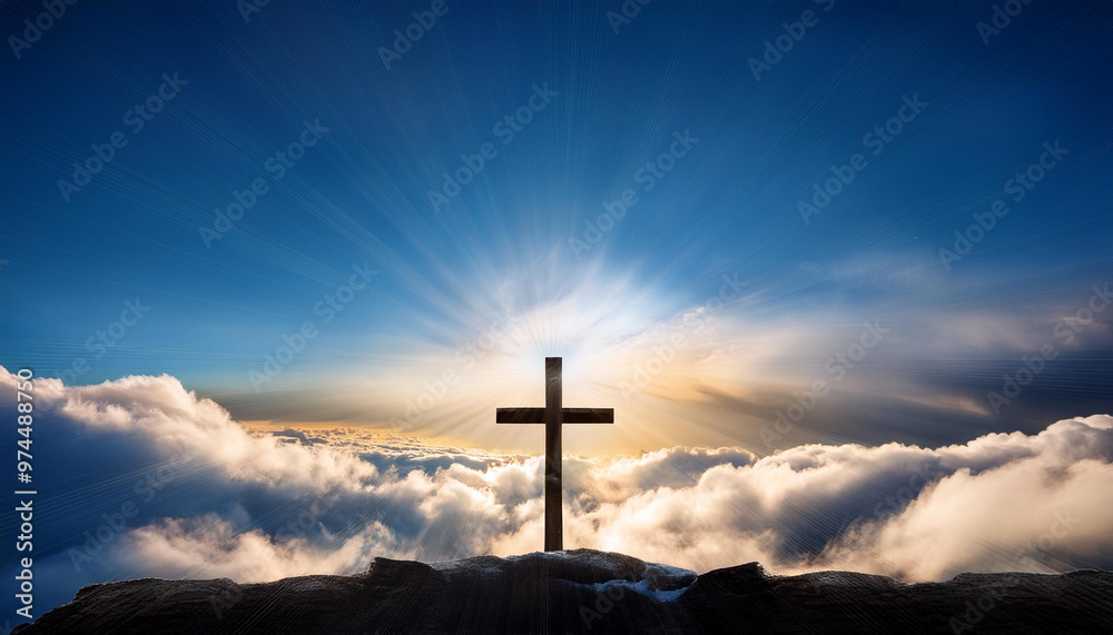 Christian cross silhouette against beautiful sky, hope, faith. Religious object. Church and religion