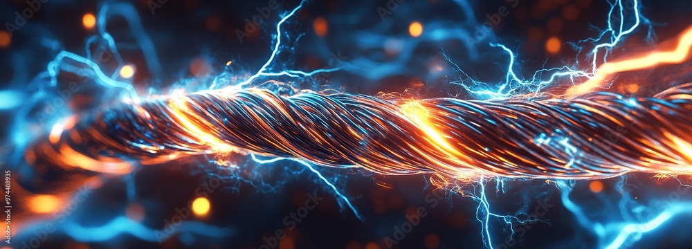 Electric discharge sparks vividly from a coiled cable amidst a dark, textured background in a dramatic display of energy Electric discharge sparks vividly from a coiled cable amidst a dark, textured background in a dramatic display of energy