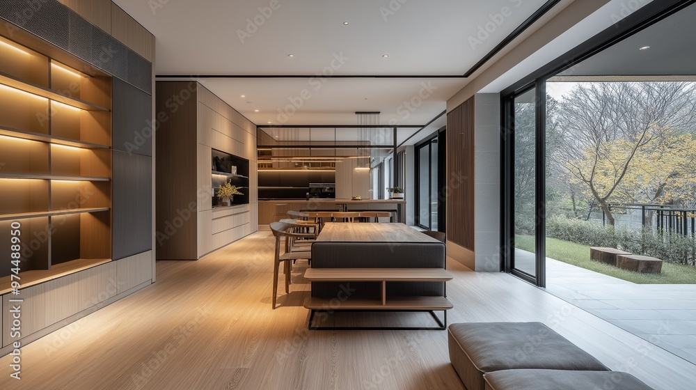 A modern, minimalist interior space with a focus on natural materials and a warm, inviting atmosphere. A modern, minimalist interior space with a focus on natural materials and a warm, inviting atmosphere.