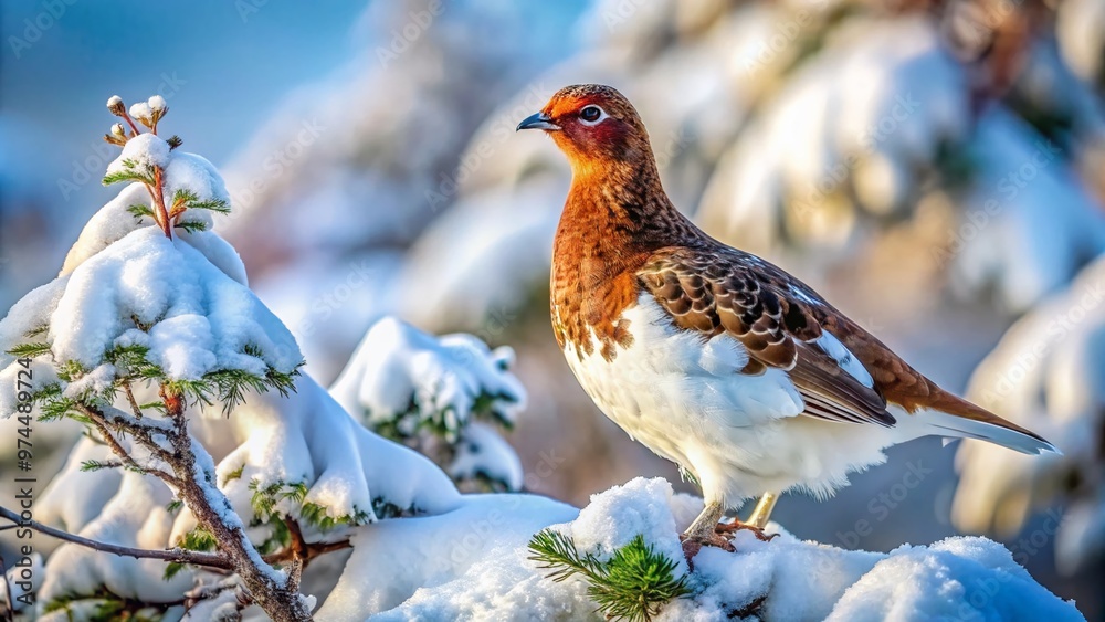 A majestic willow ptarmigan perches on a snowy branch, its feathers transitioning from brown to white, against a serene winter landscape in Alaska's wilderness. A majestic willow ptarmigan perches on a snowy branch, its feathers transitioning from brown to white, against a serene winter landscape in Alaska's wilderness.