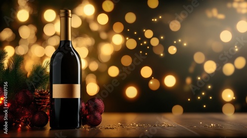 Elegant Red Wine Bottle and Glass with Sparkling Bokeh Backdrop for Festive Holiday photo