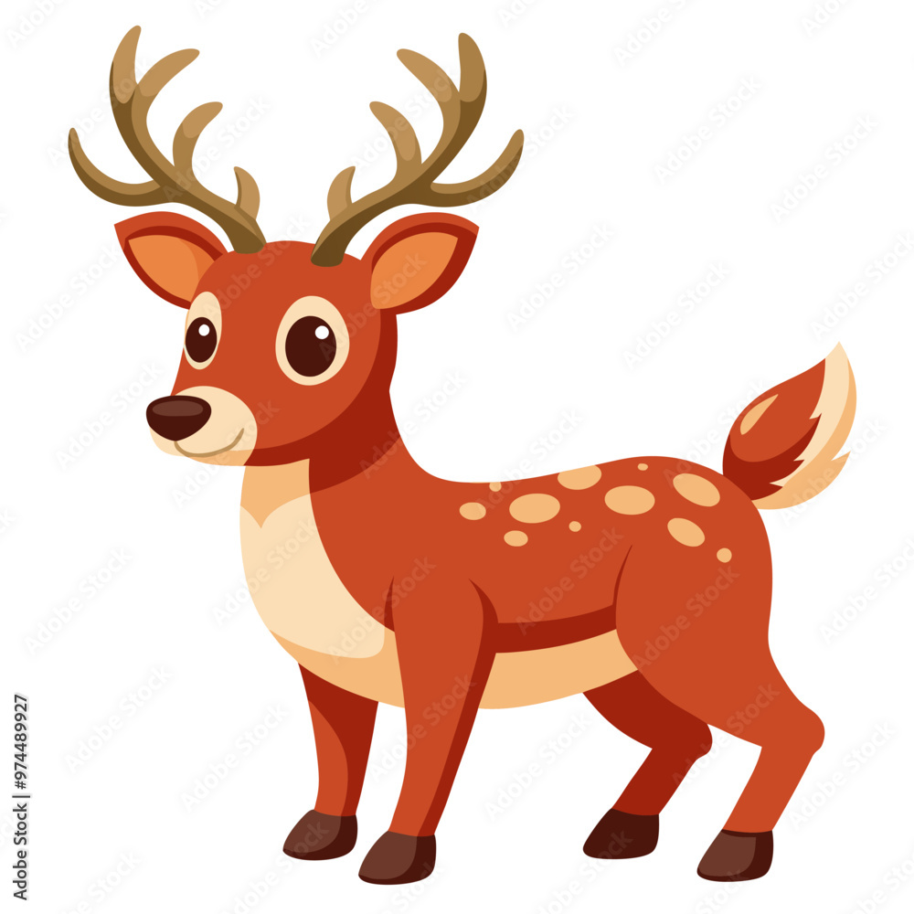 Fototapeta premium A cartoonish deer with antlers stands on a bright white background