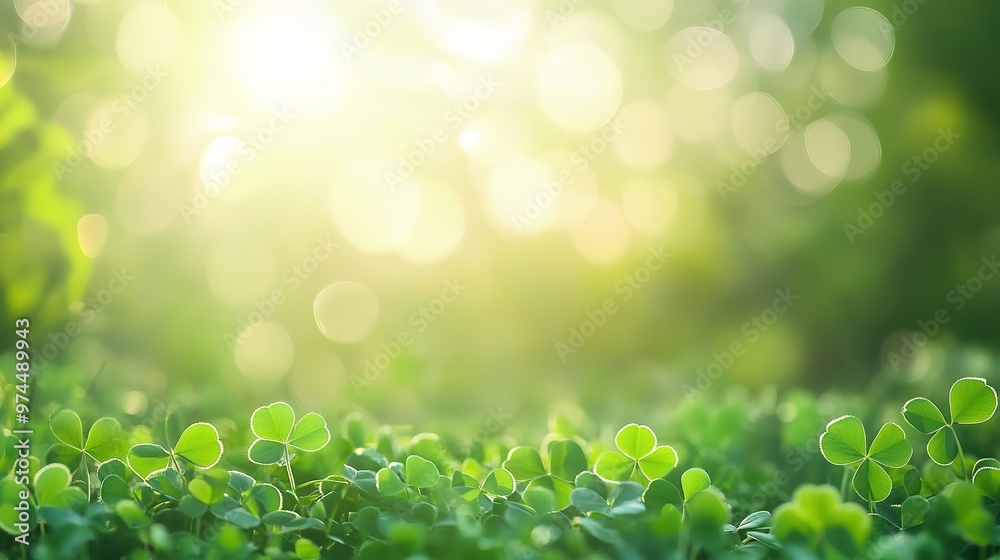 Obraz premium Sunlight filters through a lush green meadow, highlighting clover leaves during the early morning hours