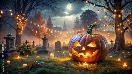 A massive, glowing jack-o-lantern, surrounded by cobweb-covered tombstones and twinkling orange lights, dominates a darkened front lawn on a spooky autumn evening. photo