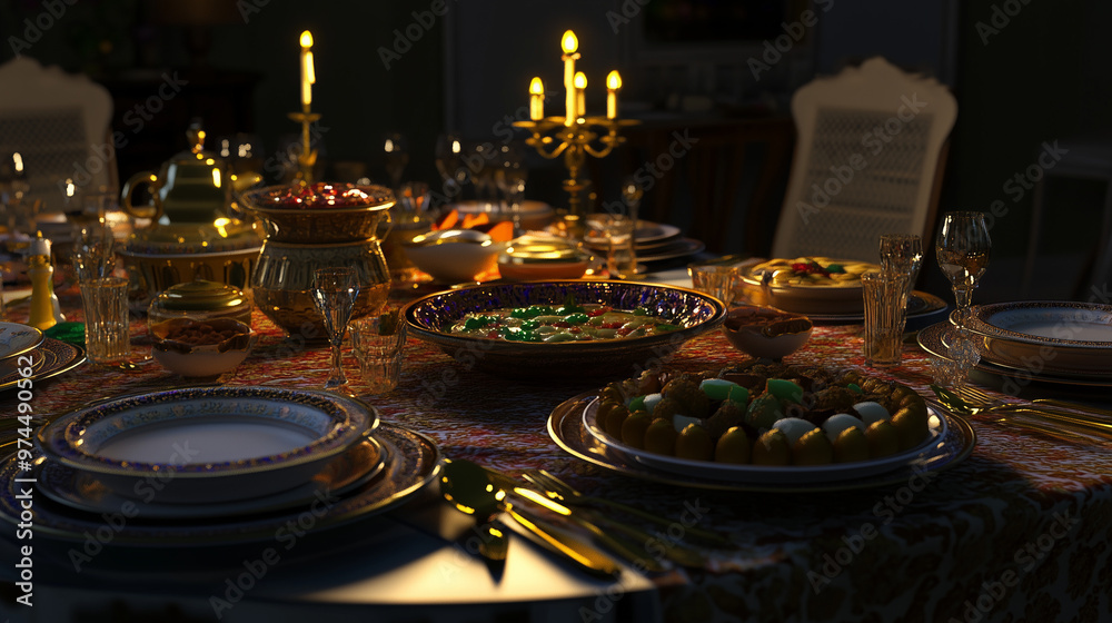 Eid Dinner Table with Candles and Traditional Golden Serving Bowls Eid Dinner Table with Candles and Traditional Golden Serving Bowls