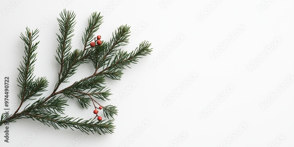 Obraz premium Pine tree branch with small red berries and plenty of copy space, festive minimalist design