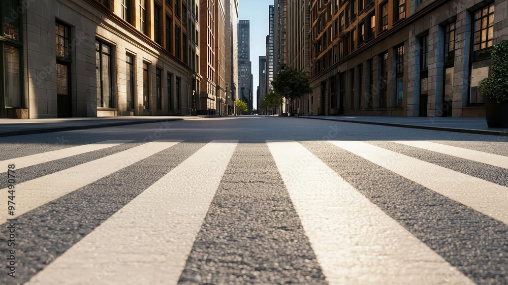 Obraz premium A wide boulevard under bright sunlight, with shadows of buildings stretching across the street and a gentle breeze blowing