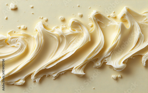 Close-up of creamy butter spread in swirls with crumbs on a neutral background, showcasing rich texture and soft, smooth consistency.