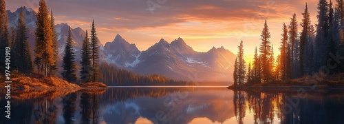 Vibrant sunset casting reflections over tranquil mountain lake surrounded by trees in a serene wilderness landscape