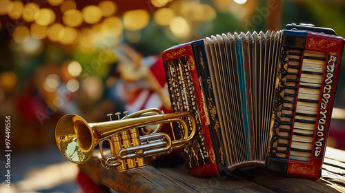 Accordion and Trumpet Duo, traditional accordion and trumpet side by side, representing Tejano and Mariachi music, Hispanic heritage, with copy space