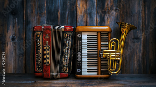 Accordion and Trumpet Duo, traditional accordion and trumpet side by side, representing Tejano and Mariachi music, Hispanic heritage, with copy space