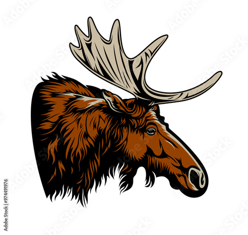 Ai generated elk or moose mascot. Isolated majestic animal head with large antlers, represents strength, resilience and power, embodies the spirit of nature for hunting club, sports team or zoo park photo