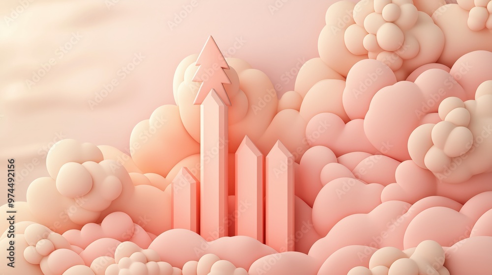 Upward Arrows Surrounded by Pastel Cloud Formation against Vibrant Sky Background Upward Arrows Surrounded by Pastel Cloud Formation against Vibrant Sky Background