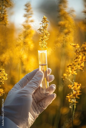 a scientist holds a test tube on a background of ambrosia. Selective focus photo