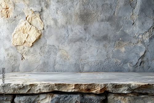 Rustic stone wall texture with a solid stone ledge, perfect for background or display purposes. photo