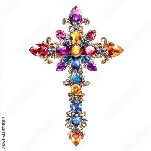 A vibrant, colorful decorative cross adorned with sparkling gemstones showcasing intricate design and craftsmanship. photo