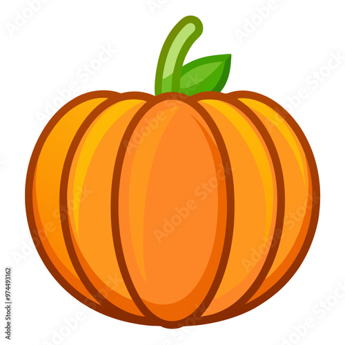 A cartoon image of a bright pumpkin with a green stem