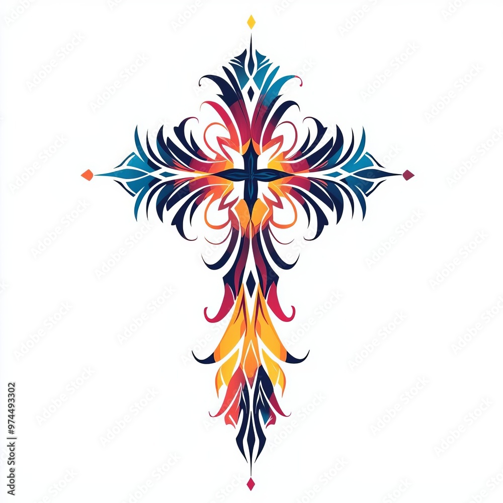 Vibrant floral cross design with intricate patterns, symbolizing faith and spirituality in a modern artistic style. Vibrant floral cross design with intricate patterns, symbolizing faith and spirituality in a modern artistic style.