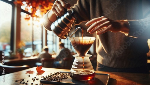 a barista is pouring hot water from a kettle into a coffee dripper over a glass carafe, with coffee beans scattered on the table and a blurred cafe background. photo