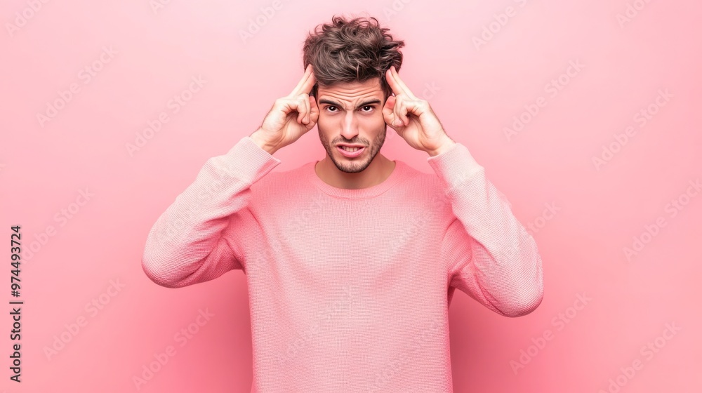 Man covers ears in annoyance. Man covers ears in annoyance.