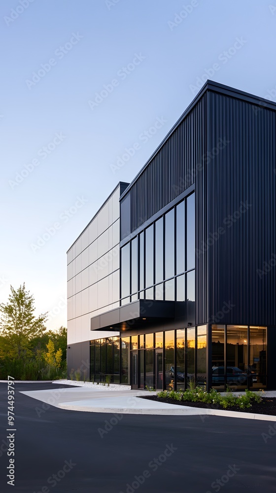 custom made wallpaper toronto digitalA modern industrial building with black and white metal cladding, featuring large windows for natural light and steel frames