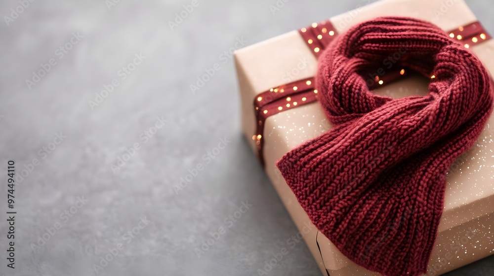 Red Knit Scarf on Gift Box with Sparkling Lights Red Knit Scarf on Gift Box with Sparkling Lights