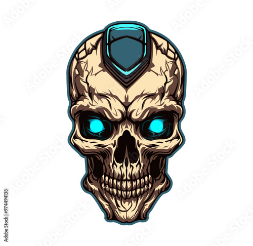 Ai generated cyber crime skull mascot, generative ai. Menacing cranium with glowing blue eyes, circuitry patterns, and ominous digital aura, symbolizing the dark side of technology and online threats