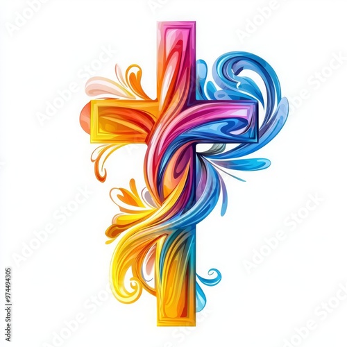 A vibrant, artistic depiction of a cross, featuring colorful swirls and elegant designs, symbolizing faith and spirituality.