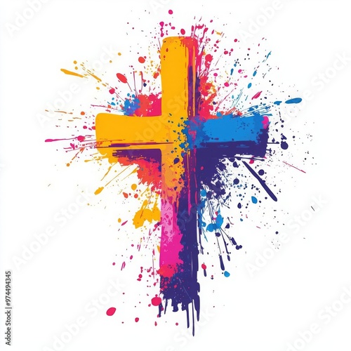 A vibrant and colorful cross design with splashes of paint, symbolizing faith and creativity in religious art.