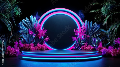 A vibrant and neon-lit stage design featuring lush plants and glowing circular decorations, ideal for creative presentations.