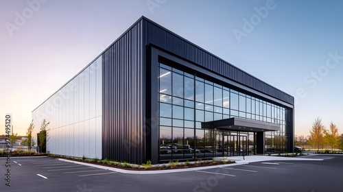 A modern industrial building with black and white metal cladding, featuring large windows for natural light and steel frames