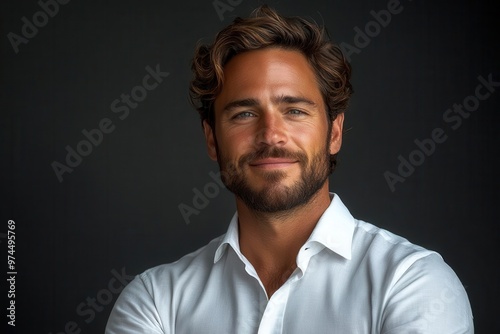 charismatic young executive portrait crisp white shirt against neutral grey backdrop genuine smile radiating confidence professional studio lighting