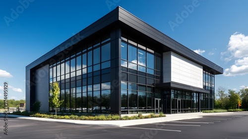 Wallpaper Mural A modern industrial building with black and white metal cladding, featuring large windows for natural light and steel frames Torontodigital.ca
