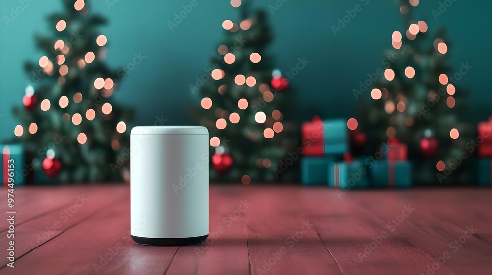 White Cylinder on Red Wood Floor with Christmas Lights Blurred Background White Cylinder on Red Wood Floor with Christmas Lights Blurred Background