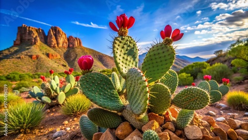 A prickly pair of rabbit ears cactus sit atop a rocky outcropping, their vibrant green pads and vibrant red flowers contrasting with the arid desert landscape. photo