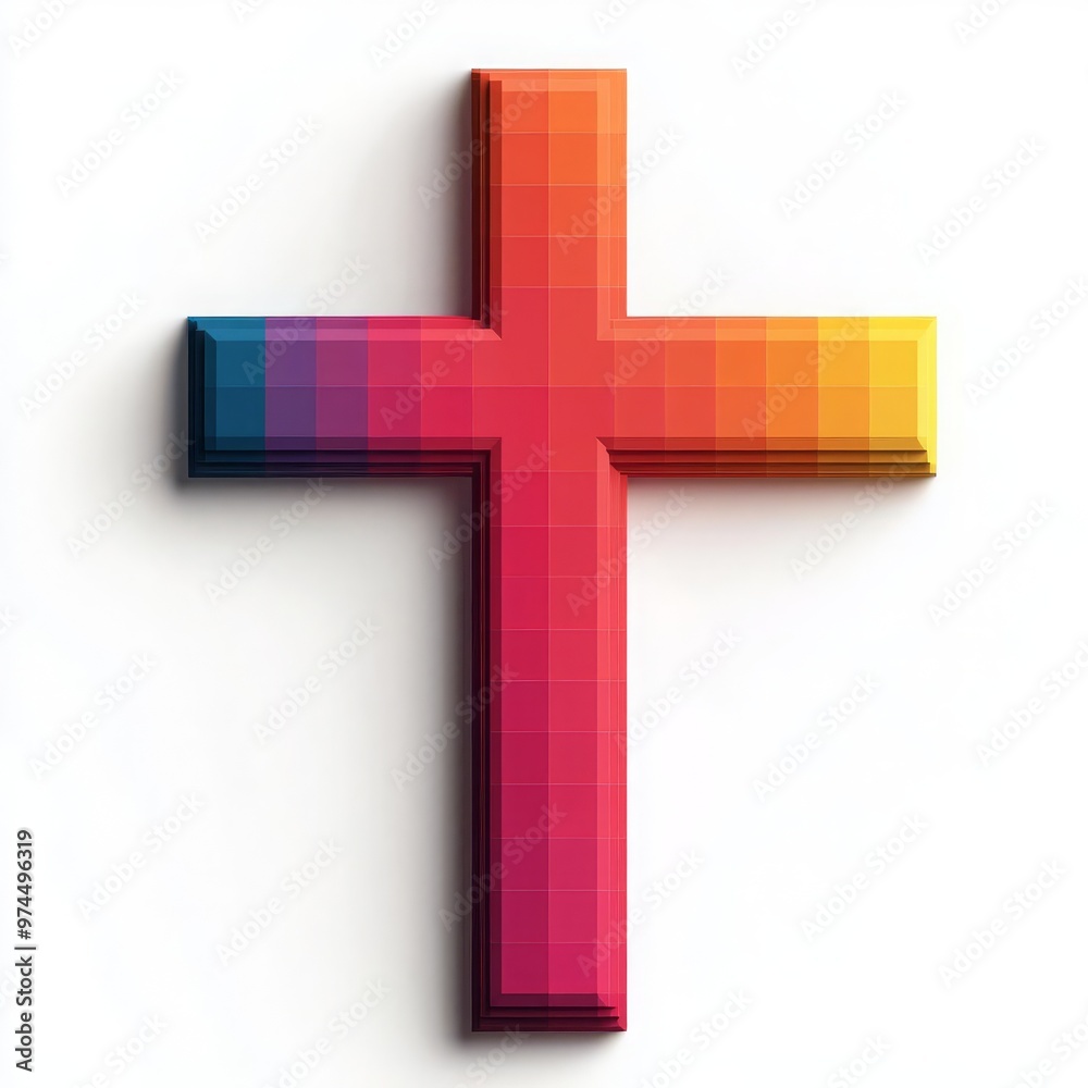 A vibrant pixelated cross symbolizing faith and spirituality, blending colors of red, orange, and blue in a modern design. A vibrant pixelated cross symbolizing faith and spirituality, blending colors of red, orange, and blue in a modern design.