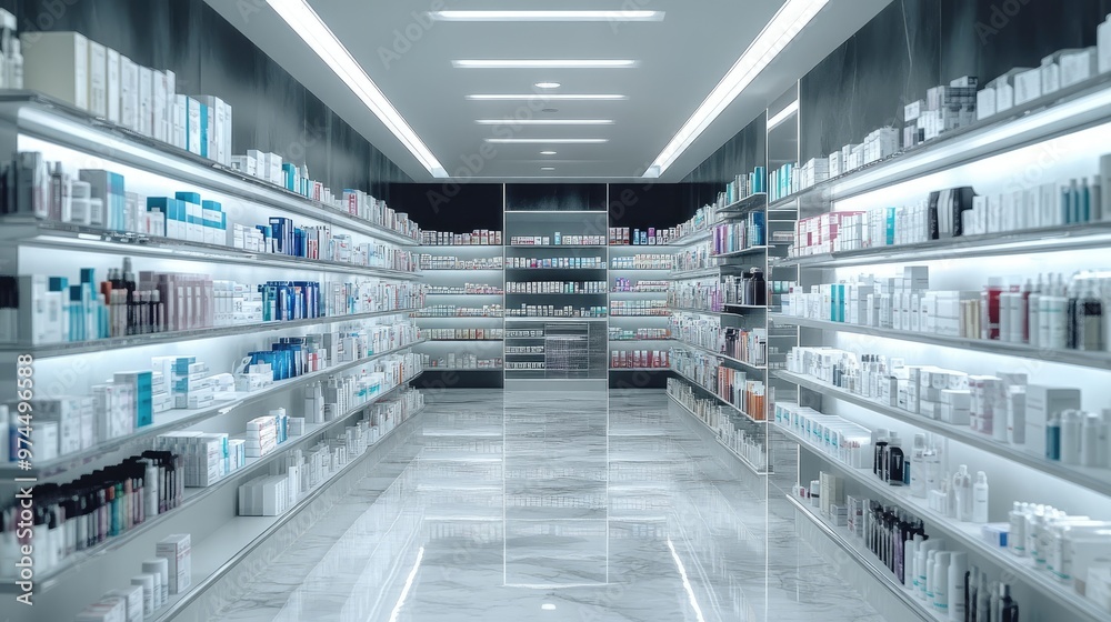 A modern pharmacy store with rows of drug shelves displaying prescription medications and health care products, ready for customers. A modern pharmacy store with rows of drug shelves displaying prescription medications and health care products, ready for customers.