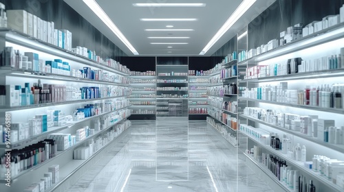 A modern pharmacy store with rows of drug shelves displaying prescription medications and health care products, ready for customers.