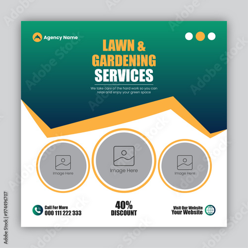 Lawn & gardening social media post design template, vector graphic design