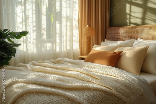 charming cozy bedroom interior with warm inviting atmosphere soft natural light filters through sheer curtains blend of rustic and modern elements creates a harmonious livedin feel photo