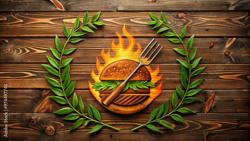 A rustic, wooden-textured logo design featuring a stylized pair of tongs grasping a sizzling burger, surrounded by flames and leaves, evoking a casual outdoor gathering. photo