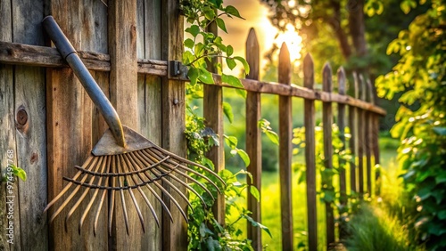 A rustic, worn, wooden bird rake with curved tines and a long handle, leaning against a weathered wooden fence amidst lush greenery and sunlit foliage. photo