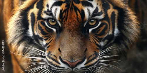 Intense gaze of a tiger in close-up, focusing on the eyes and facial stripes in sharp detail