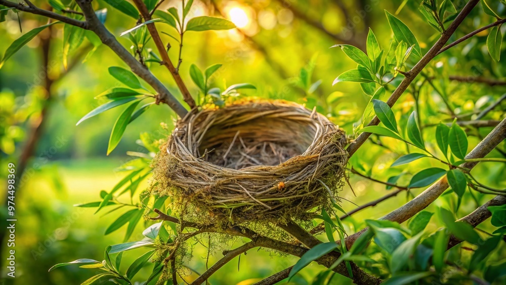 A serene and intricate bird nest, crafted from twigs and leaves, rests securely in the fork of a majestic tree's branches, surrounded by lush foliage. A serene and intricate bird nest, crafted from twigs and leaves, rests securely in the fork of a majestic tree's branches, surrounded by lush foliage.