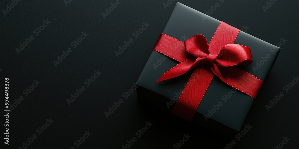 Black and red gift box with satin ribbon, luxury packaging design on dark minimalist background Black and red gift box with satin ribbon, luxury packaging design on dark minimalist background